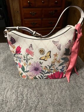 Kim Rogers White Floral & Butterfly Shoulder Bag Purse with Pink Scarf Accent